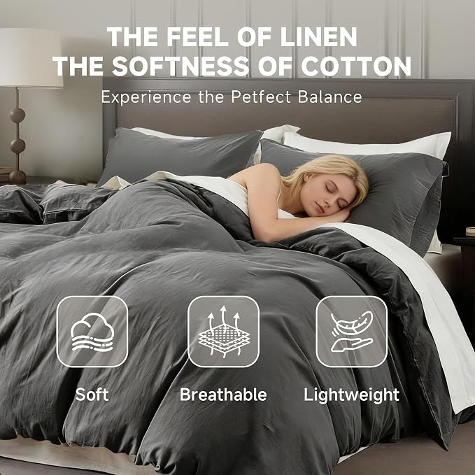 QKTE French Linen Duvet Cover Set, 3 PCS Natural French Flax Dark Grey Duvet Cover Queen Size, Breathable Soft Comfy Linen Bedding Comforter Cover with 2 Pillowcases(Dark Grey, 88" x 92")