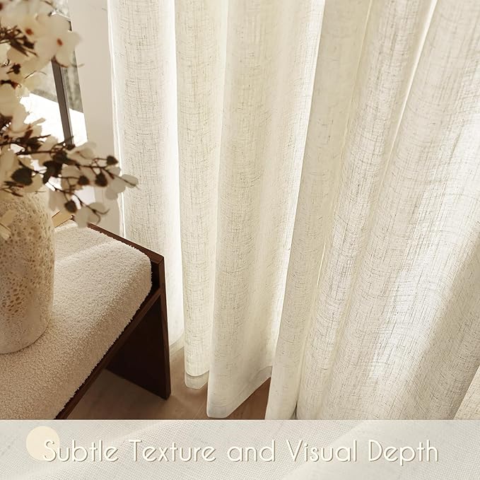 Faux Linen Beige Curtains 84 Inches Long for Living Room Rustic Farmhouse Semi Sheer Drapes Set of 2 Panels 52x84 Khaki Tan