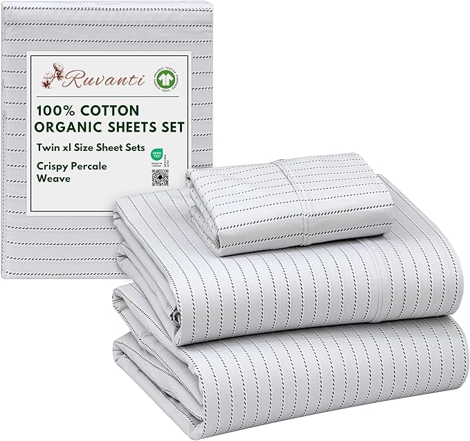 RUVANTI 100% Cotton Organic Percale Sheets Twin XL Size – Crisp Cooling Bed Sheets for Hot Sleepers, Deep Pocket 15”, Soft Peach Finish, Breathable & Durable Hotel-Style 3 Pcs, Construction Line
