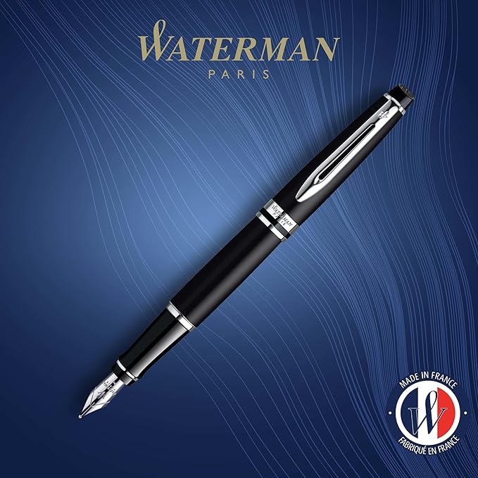 Waterman Expert Fountain Pen, Matte Black with Chrome Trim, Medium Nib with Blue Ink Cartridge, Gift Box