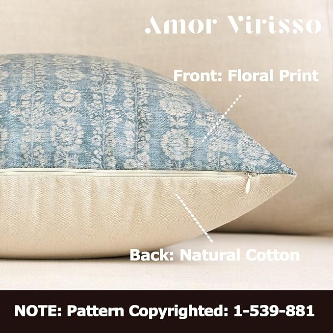 Amor Virisso Vintage Floral Throw Pillow Covers 20x20 Striped Farmhouse Block Print Pillow Cover Boho Neutral Decorative Pillows for Living Room Bed, Light Blue