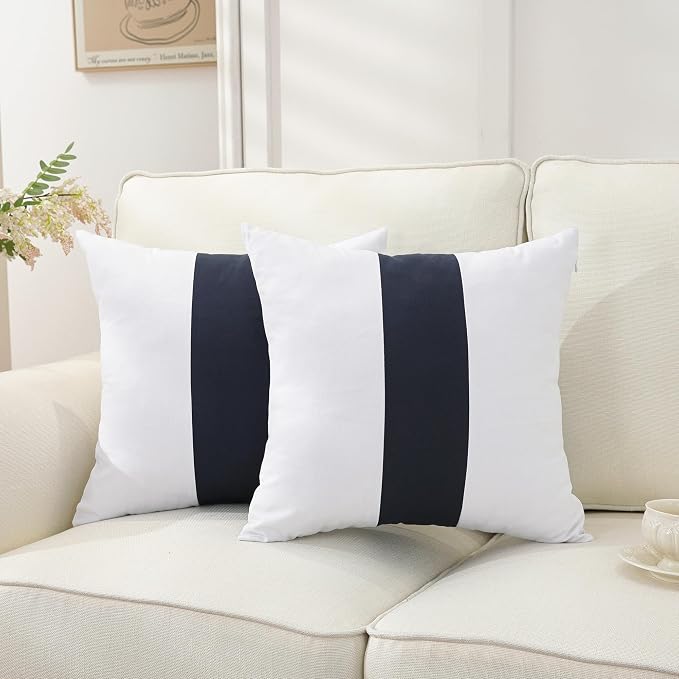 TAOSON Set of 2, 100% Cotton Canvas Patchwork Throw Pillow Covers 24x24 Inch Modern Navy Blue Striped Pillow Cushion Covers Farmhouse Decor Pillow Cases for Couch Living Room Bed Sofa Decor
