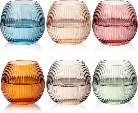 JOVGANK Colored Ribbed Drinking Glasses Set of 6-10.8 OZ Stemless Wine Champagne Whiskey Cocktail Glass, Reusable Wine Cups for Home Party Wedding Bar