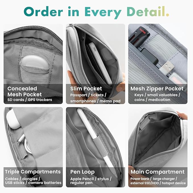 BELLEMOND Tech Organizer Pouch for Travel | Electronics Organizer Case for Cables, Chargers & Accessories | Hidden AirTag Pocket, Cable Pass-Through & Waterproof Base | Sumi Black