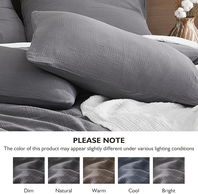 EMME Muslin Cotton Duvet Cover Set Dark Grey King Size Linen Like Soft Breathable Lightweight Summer Comforter Cover Set with Zipper Closure (Dark Grey, King, 104"x90")