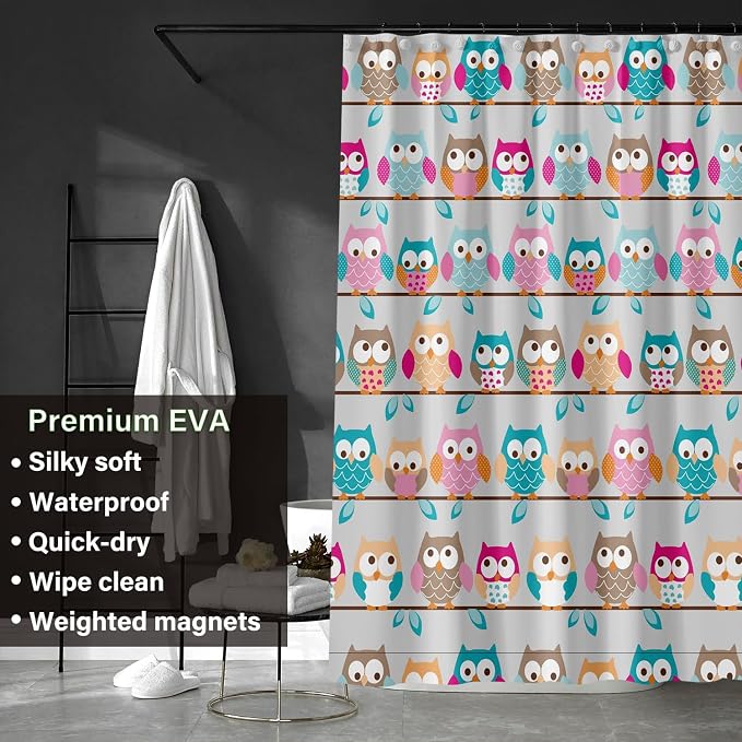 Plastic Shower Liner - Premium EVA 5G Shower Curtain Liner with Rustproof Grommets and 3 Weighted Magnets, Waterproof Shower Curtains for Bathroom (5G-Owl, 72" x 72")