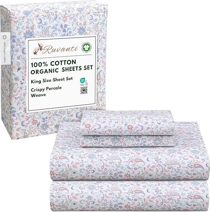 RUVANTI 100% Cotton Organic Percale Sheets King Size – Crisp Cooling Bed Sheets for Hot Sleepers, Deep Pocket 15”, Soft Peach Finish, Breathable & Durable Hotel-Style 4 Pcs, Multi Paisley