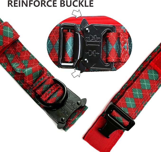 Christmas Tactical Dog Collar and Leash Set Adjustable Nylon Collar Dog Training Collar Leash Set with Control Handleand （Christmas Green L