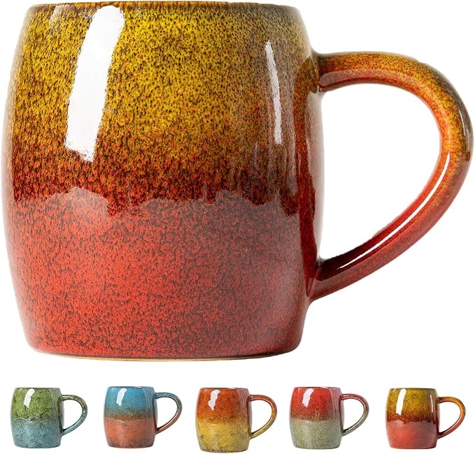 Handmade 22oz Ceramic Coffee Mug, Ergonomic Large Handle, Ideal Gift for Coffee Lovers, Microwave & Dishwasher Safe (Minute-Yellow&Red)