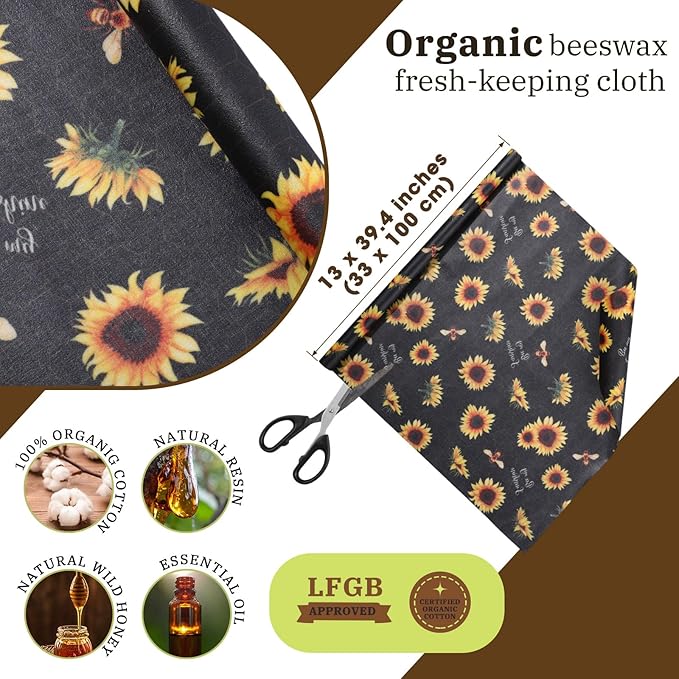 3 Rolls Reusable Beeswax Wraps for Food 13 x 40 Inches Bees Wax Wraps Reusable Food Storage Wrap Beeswax Paper Roll for Bread Sandwich Cheese Fruit Snacks(Bee)