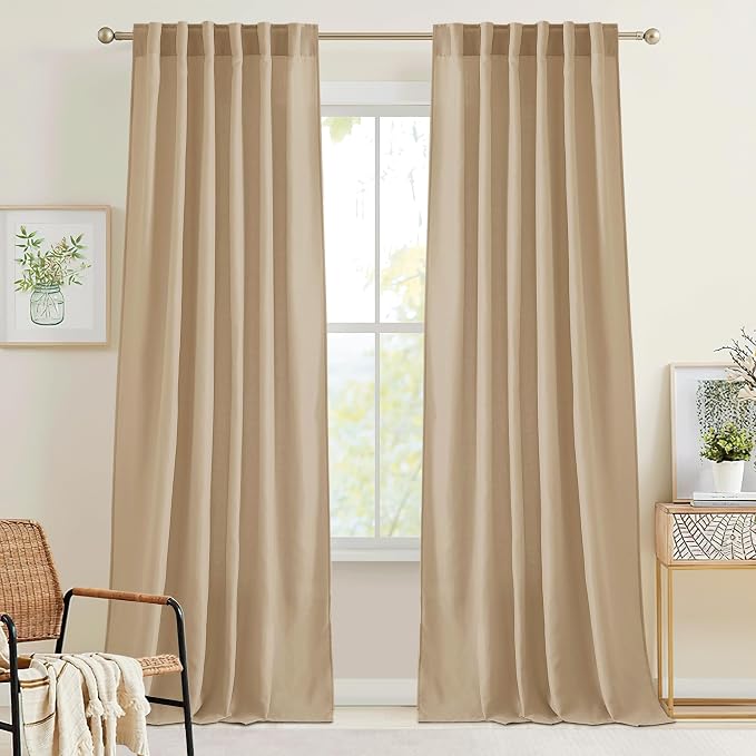 RYB HOME Boho Curtains 90 inches Long, Soft Linen Woved Lightweight Back Tab Light Filtering Fabric Shades for Dining Room Guest Room, W 52 x L90 inches, 2 Panels Set