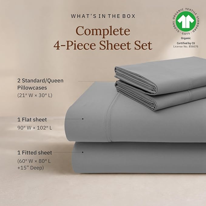 California Design Den 100% Organic Cotton Sheets Queen Size Set - Soft and Lightweight Sateen, Deep Pocket Queen Size Bed Sheets, Durable Bedding - Grey