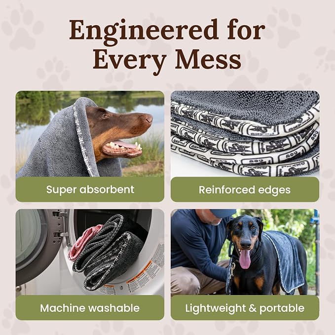 Dog Drying Towel for Dogs – Extra Large 24" x 35" Microfiber Dog Bath Towel, 1200 GSM Twisted Loop, Ultra Absorbent, Edgeless, Quick Dry for Bath, Beach & Travel, Gray