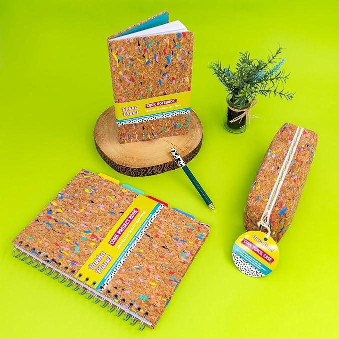 Pukka Pad, Pukka Planet Cork B5 Multi-Subject Notebook – Wire Bound Project Book with 200 Pages, 100 Sheets of FSC Recycled 8mm Lined Paper & Tabbed Dividers for Home, School, & Office, 10.12 x 7.3in