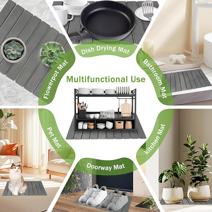 Diatomaceous Earth Dish Drying Mat - Large Quick Drying Stone Mat for Kitchen Counter & Sink, 23.2"x15.4" Absorbent Non-Slip Drying Pad for Dishes, Fast Drain Gray Diatomite Tray with Rounded Corners