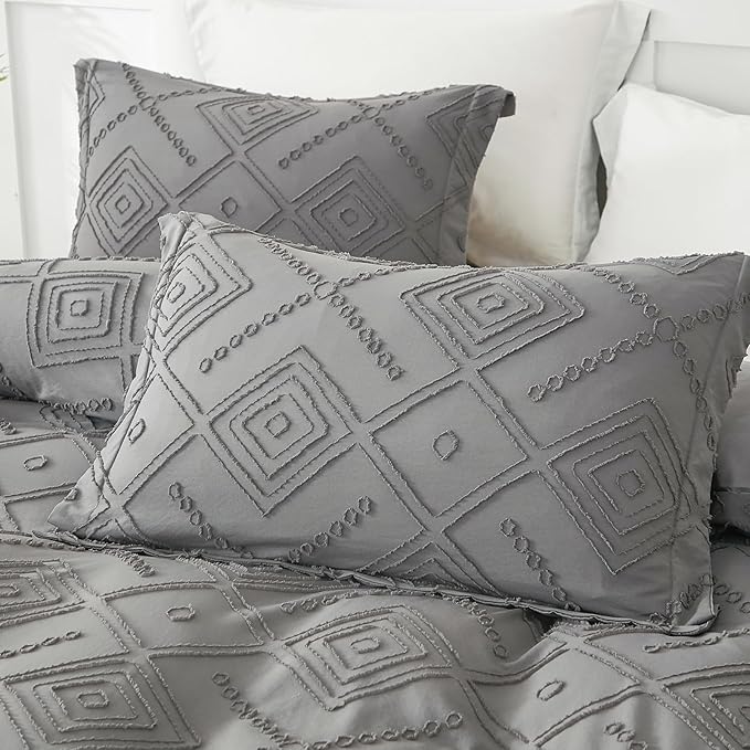 EMME Duvet Cover Queen Size, Boho Tufted Comforter Cover, 3 Pieces Embroidery Chic Bedding Set for All Seasons, 1 Duvet Cover + 2 Pillowcases (Dark Grey, Queen)