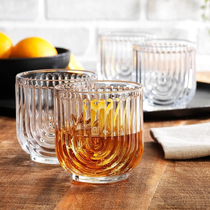 Glaver's 16-Piece Drinking Glass Set, Art Deco Ribbed Arch Design, Clear U-Shape Glassware, 17oz Highball and 11oz DOF Glasses