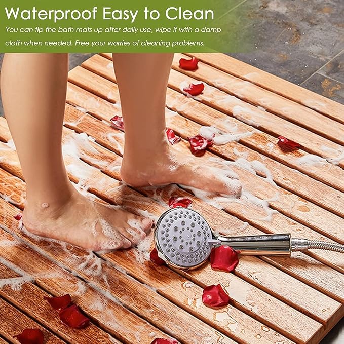 44in 40in 36in 32in 28in 24in 20in Large Customizable Teak Shower Floor Mat, Square Bath Mats for Non Slip with Drain Hole, Yard Patio/Spa/Sauna/Rv Hot Tub Footrest(28x38in(71x97cm))