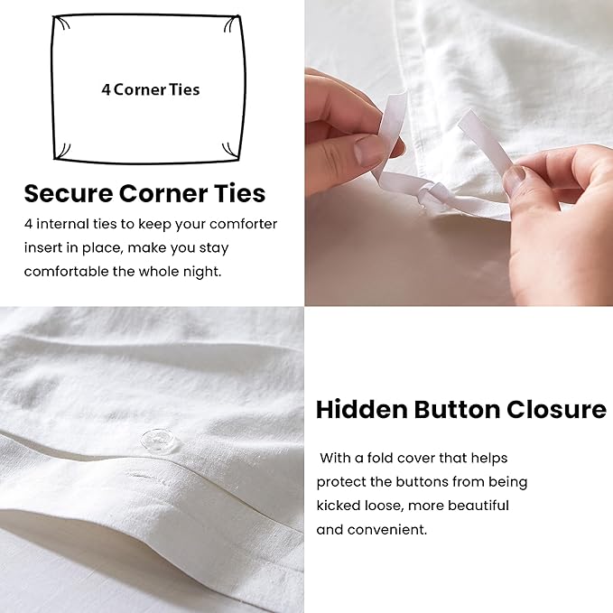FALUCA French Linen Blend Duvet Cover Set 3Pcs King (104"x92") - Soft, Breathable, Cooling Farmhouse Bedding for Summer Hot Sleeper (King, White)