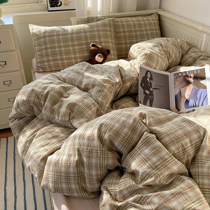 mixinni Twin Size Duvet Cover Set - 3 Piece Washed Cotton Vintage Geometric Plaid Bedding Set with Zipper Closure, Soft & Breathable Green Pink White Buffalo Check Pattern for All Seasons
