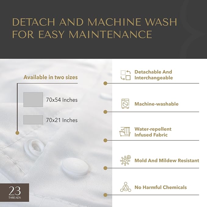 23 THREADS Replaceable Fabric Shower Curtain Liner White Long 70x54 | Water resistant, Sustainable yarns