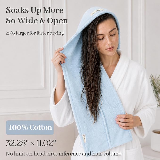 ROLSHOL Cotton Hair Towel Wrap for Women, 2 Pack 100% Cotton Hair Drying Towels for Long, Thick & Curly Hair, 32" x 11" Large Hair Turban for Wet Hair with Elastic Band (Blue)