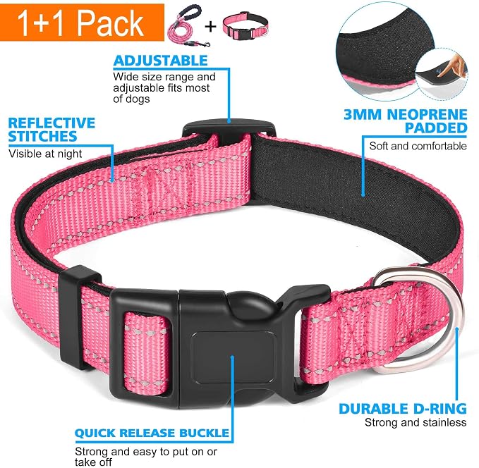 Ladoogo Reflective Dog Collar Padded with Soft Neoprene Breathable Adjustable Nylon Dog Collars for Small Medium Large Dogs (Large (Pack of 1), Pink Collar+Leash)
