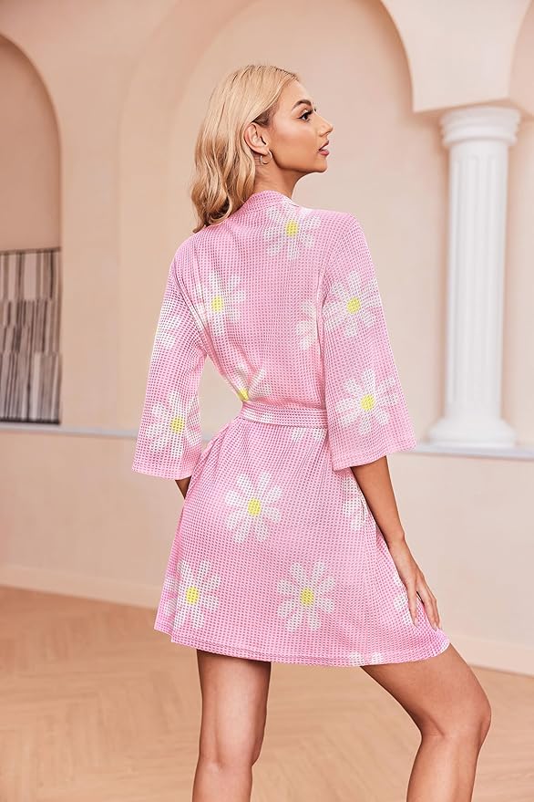 Ekouaer Robes for Women Waffle Knit Bathrobe Soft Lightweight Knee Length Loungewear S-XXL
