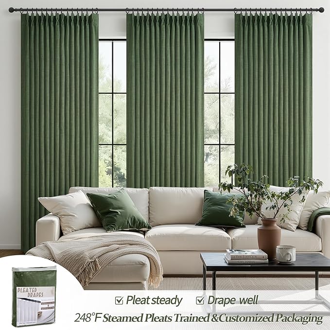 Blackout Dark Green Viral Curtains 90 Inches Long for Bedroom 2 Panels Set, Memory Trained Pinch Pleated Double Layer Thick Linen Thermal Noise Reducing Country Privacy Drapes 40" W x 90" L Loden