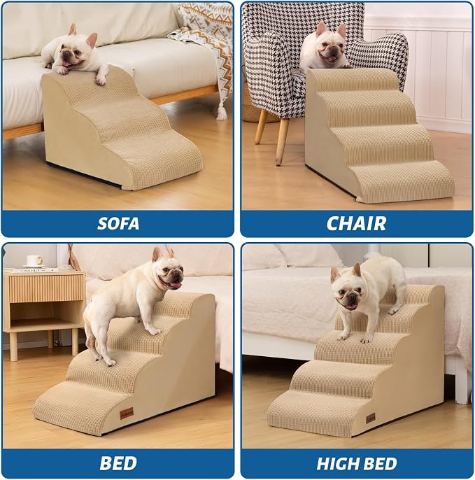 Aodisman Dog Steps for Bed, 4-Step Dog Stairs Ramp for Small Dogs and Cats, Indoor Non-Slip Pet Stairs Suitable for Older, Short-Legged, and Puppy Dogs to Climb Onto High Beds and Couch, 17.4" H,Khaki