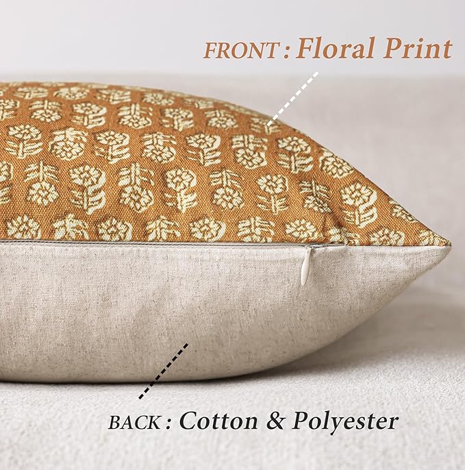 Foindtower Set of 2 Decorative Vintage Floral Print Throw Pillow Cover Neutral Modern Farmhouse Cushion Covers Boho Home Decor For Sofa Couch Chair Bedroom Living Room Outdoor,18×18 Inch,Golden Orange