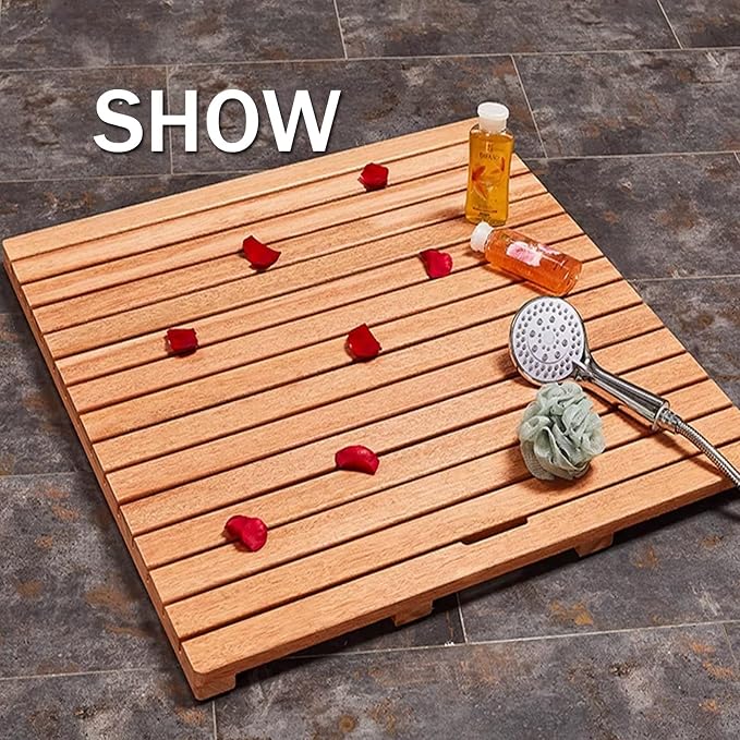 Solid Wood Shower Mat Non Slip, Bamboo Bath Mat for Bathroom, Waterproof Wooden Shower Floor Mats for Doorway Sauna Spa Yard Patio Pool Outdoor Use(W70xL90cm/W28xL36in)