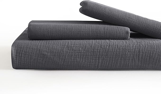SE SOFTEXLY Muslin Duvet Cover Queen Size, 100% Washed Cotton Duvet Cover Set, Ultra Soft Comforter Cover Linen Like, 3 Pieces Minimalist Gauze Duvet Cover with 2 Pillowcases, 90"x90", Dark Grey