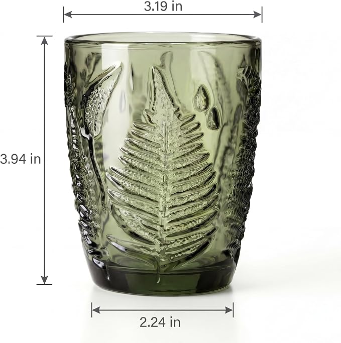 Green Drinking Glasses Set of 4, 10 oz Hand-Pressed Old Fashioned Glass Cups, Fern Textured Retro Lowball Tumblers, Vintage Glassware for Water, Whiskey, Wine, Cocktails & Juice, Housewarming Gift Set