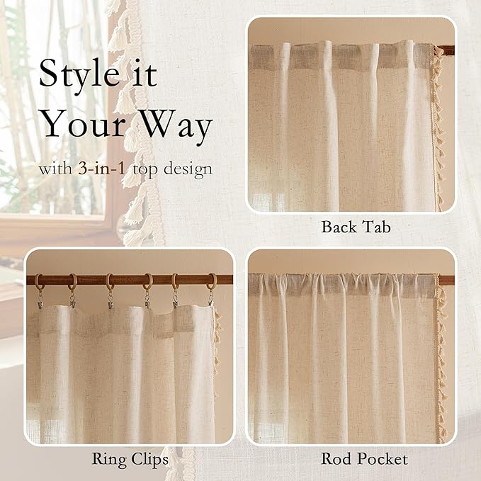 MYSKY HOME Linen Tassels Curtains for Living Room Bedroom, Semi Sheer Drapes 84 inches Length Farmhouse Boho Style Back Tab Macrame Drapes for Sliding Glass Door, Linen, 50" W×84" L, 2 Panels