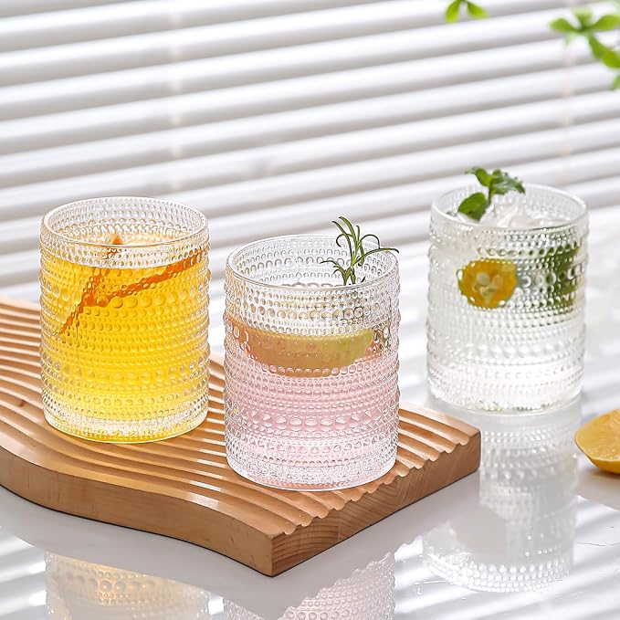 Amyoole 12oz Hobnail Drinking Glasses Set of 6,Clear Vintage Glassware Embossed Water Tumbler,Cocktail Glass Cups for Beer,Whiskey,Juice and Various Mixed Drinks