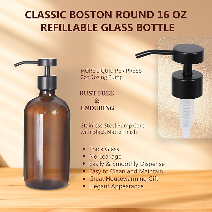 Ronasip Set of 5 Kitchen Soap Dispenser Set 16 Oz Glass Hand Dish Soap Dispenser with Stainless Steel Pump, Cement Tray, Dish Scrub Brush for Farmhouse Rustic Home Bathroom Decor (Brown)