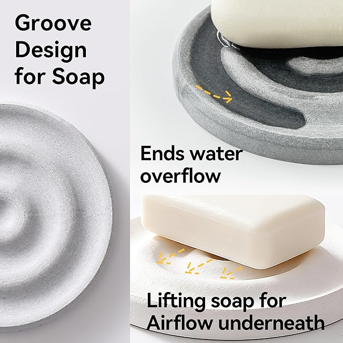 Round Diatomite Stone Soap Dish & Tray - Water Absorbing Soap Holder for Bathroom Kitchen Sink, Quick Dry Sponge Holder, Bar Soap Organizer, Non-Slip Drying Tray & Coaster (White)
