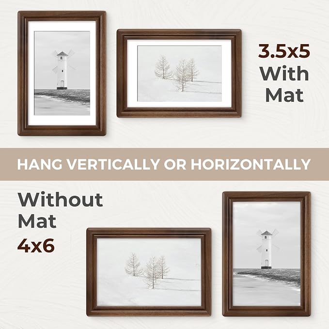 4x6 Picture Frame with Mat for 3.5x5, USA-Sourced Natural Walnut Wood Handcrafted Rounded Corner with HD Tempered Glass, 4 x 6 Photo Frames Gallery Wall & Tabletop, Vertical or Horizontal Display