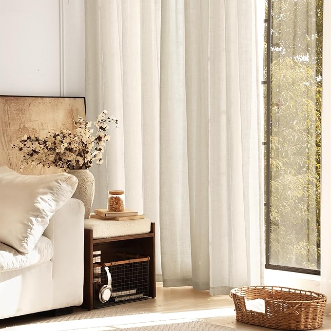 Faux Linen Beige Curtains 63 inches Long for Living Room Rustic Farmhouse Linen Drapes Semi Sheer Burlap Textured Canvas Cloth Curtain Panels Set of 2 Kahki Tan Colored