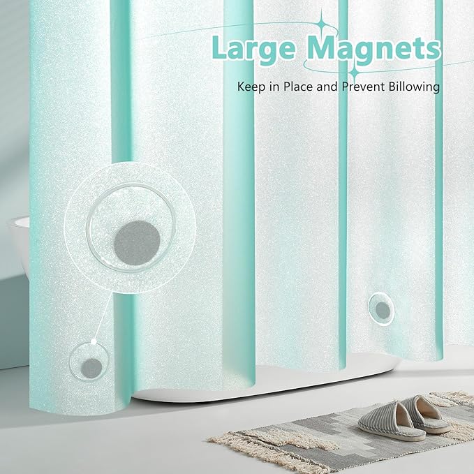 Seenus Waterproof Plastic Teal Glitter Shower Curtain Extra Long 72 x 84 Inch, Sparkle PEVA Shower Curtain Liner with 3 Large Magnets, Aqua Green Blingbling Tall Bathroom Decor Shower Curtain