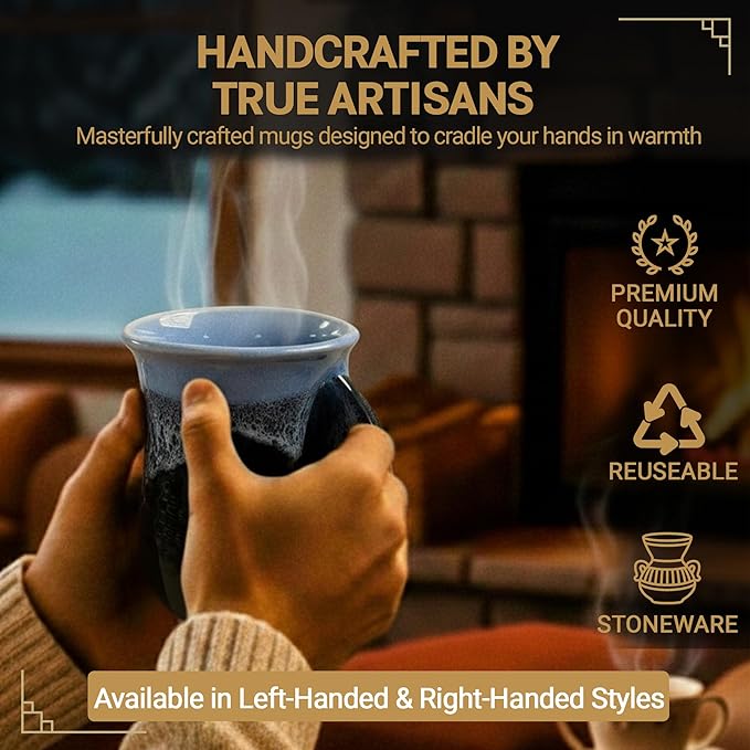 Clay in Motion Hand Warmer Coffee Mug – Handmade Coffee Mug With Comfortable Handle Contoured Pocket Hand Warming Ceramic Coffee Mug – Proudly Made in USA – Right Handed – 14 Oz - Lava Foam
