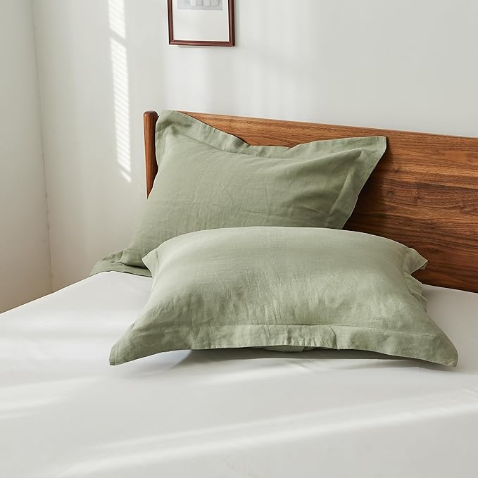 100% French Linen Pillow Shams Basic Style - Pack of 2 - Washed Solid Color Natural Flax Soft Breathable - Sage Green, 20' 'x 36''