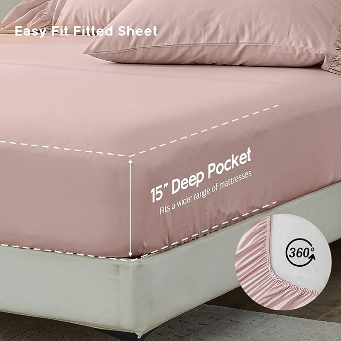 Simple&Opulence 100% Organic Cotton Sheet Set, Long Ruffle Bed Sheets (1 Flat Sheet, 1 Fitted Sheet and 2 Pillowcases) Elegant Shabby Chic Bedding Farmhouse Charming Vintage - Pink, Full