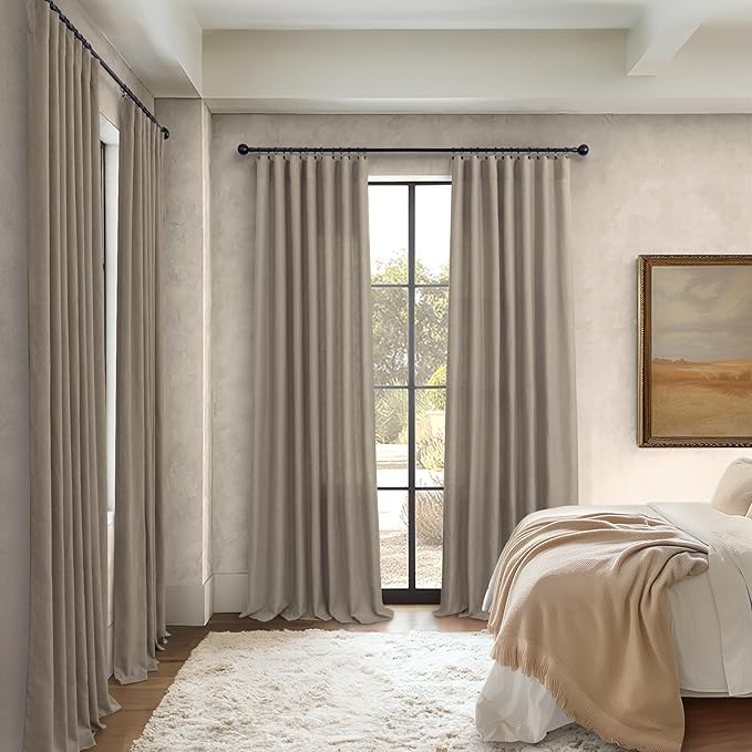 Pitalk Taupe Linen Curtains 54 Inch Length for Bedroom Farmhouse Cottage Core Linen Textured Light Filtering Semi-Sheer Curtain 2 Panels Burlap Look Privacy Linen Drapes 52x54 Long Back Tab Taupe Tan