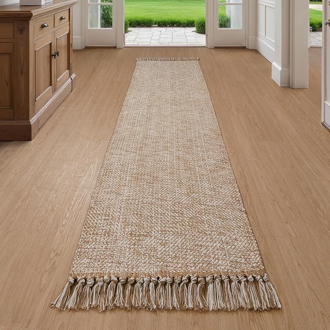 Collive Long Hallway Runner Rug 2x8, Boho Washable Runners Indoor Entryway Rugs Tan Cotton Woven Kitchen Runner Carpet, Farmhouse Low Profile Front Door Mats for Bedside Laundry Room Doorway