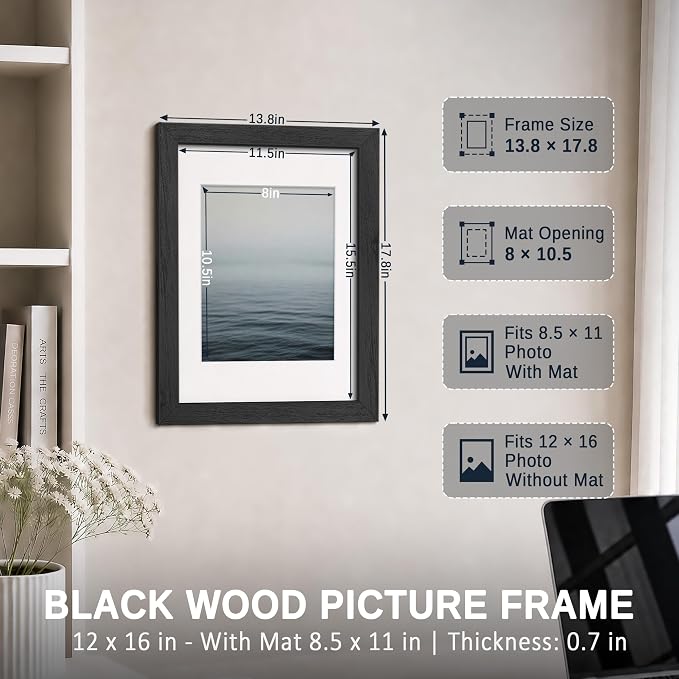 VCK 12x16 Picture Frames Black 3 Pack, Wide Border Solid Wood, Tempered Glass, Display 8.5x11 Photo with Mat or 12 x 16 without, for Home, Office, Gallery, Woodgrain Series, Wall Hanging