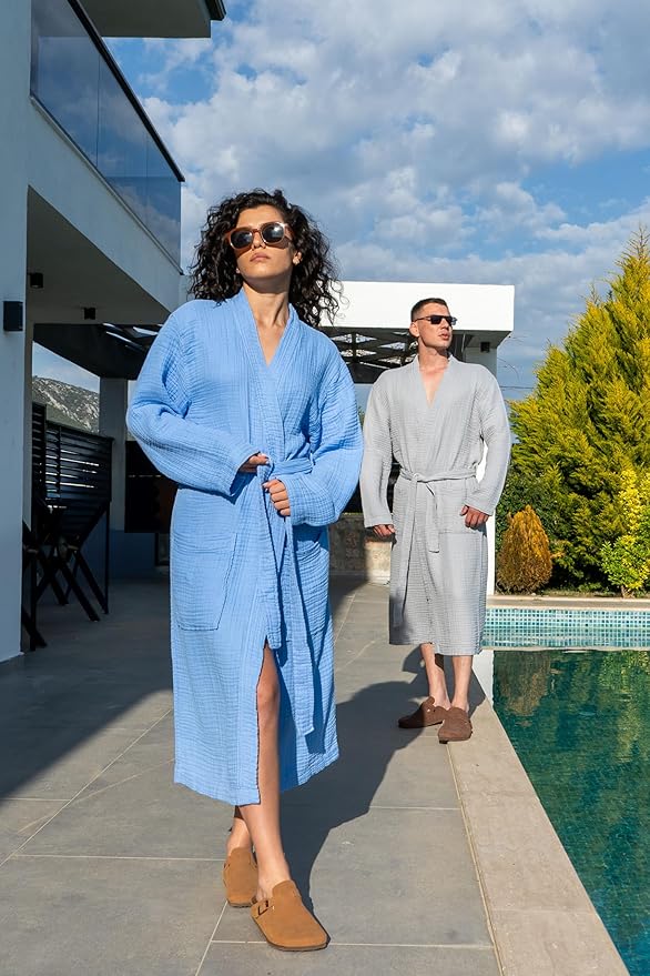 Muslin Unisex Bathrobe Women & Men, 100% Cotton Kimono Lightweight Robe | Long Robes Soft, Absorbent, Spa robes