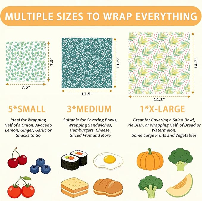 Reusable Beeswax Wraps, 9 Pack Eco-Friendly Food Storage, Organic Cotton, Sustainable, Zero Waste, Plastic-Free, Sandwich, Snack, Bowl Covers, 1XL, 3M, 5S, Botanical Leaves & Flowers