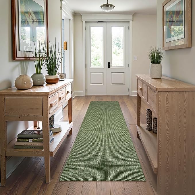 Uphome Kitchen Runner Rug, 2x7 Washable Boho Rug Runners for Hallways Non Slip, Low Pile Woven Cotton Modern Carpet Runners, Stain Resistant Bedroom Runner Rug for Hallway Entryway Entrance, Green